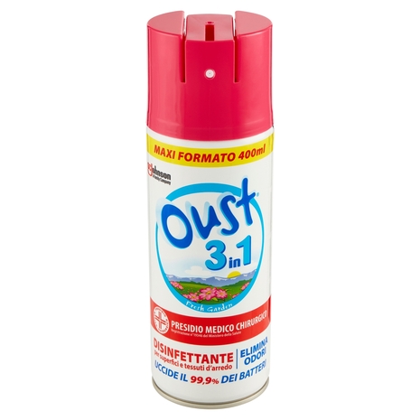 Oust 3 in 1 Spray Disinfettante per Superfici e Tessuti d'Arredo, Fragranza Floreale 400ml